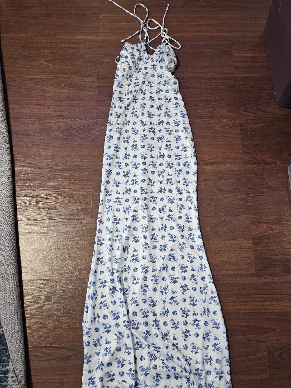 White and Blue Floral Maxi Dress with Adjustable Straps
